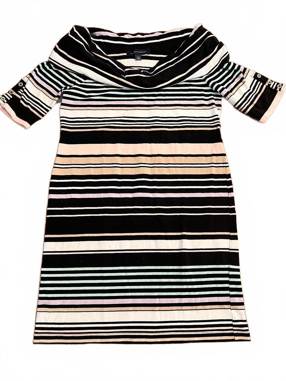 Tommy Hilfiger Striped Knit Dress with Cowl Neck and Buttoned Sleeves